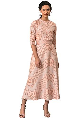 w for woman women's viscose dusty pink matrix printed circular shirt dress with belt calf length (23few18706-120117_light l)