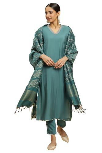 w for woman women's viscose kurta, slim pant & dupatta (23auws19527-220353_blue