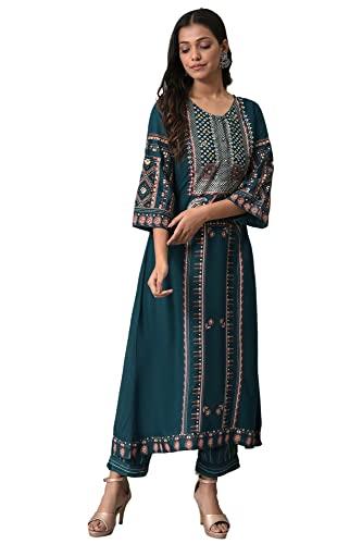 w for woman women's viscose kurta & slim pant (23fews18158-118754_teal_12)