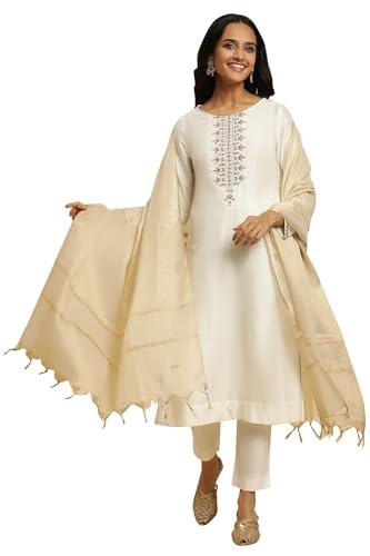 w for woman women's viscose rayon kurta, slim pant & dupatta (23auws10453-702157_ivory