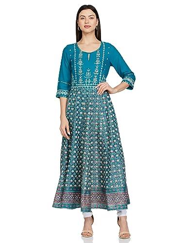 w for woman women's viscose teal glitter printed dress with embroidery ankle length 22few17903-119072