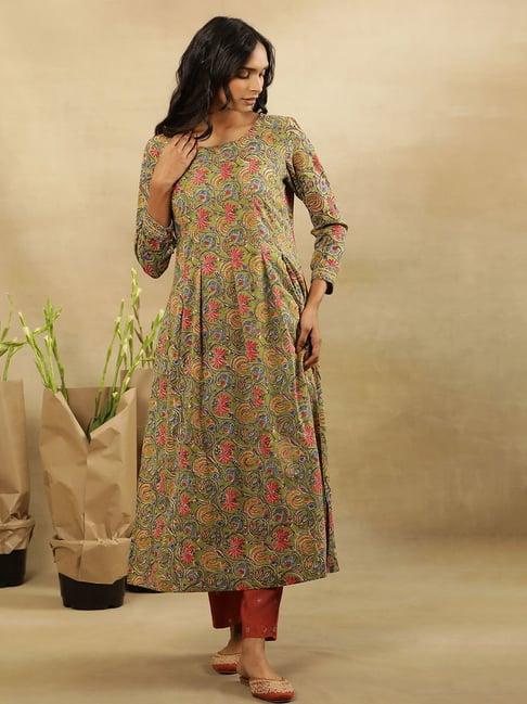 w forest green cotton floral print flared kurta