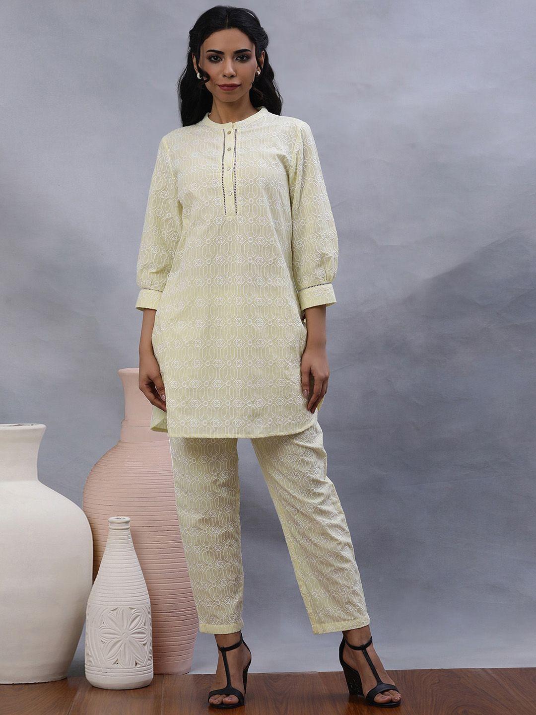 w geometric embroidered thread work pure cotton straight kurta with trousers