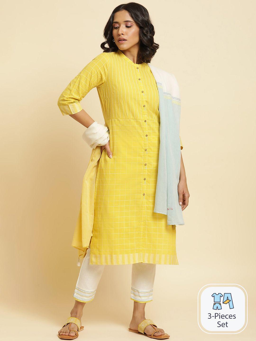w geometric printed pure cotton a line kurta with trousers & dupatta