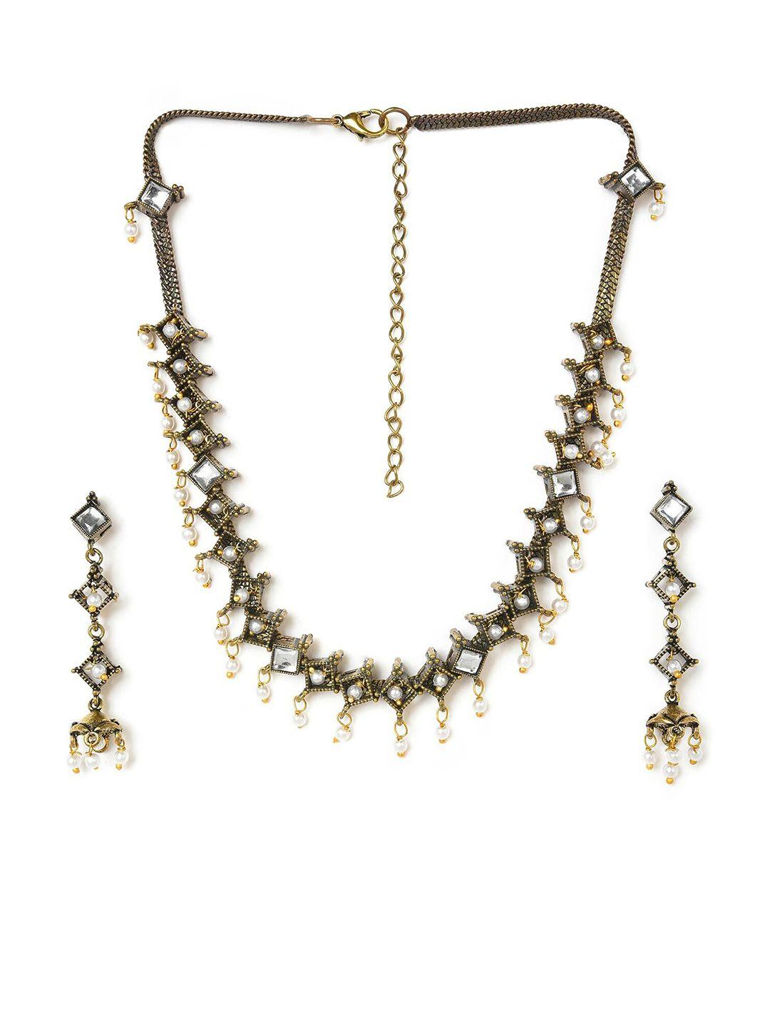 w gold-toned & white stone-studded & beaded jewellery set