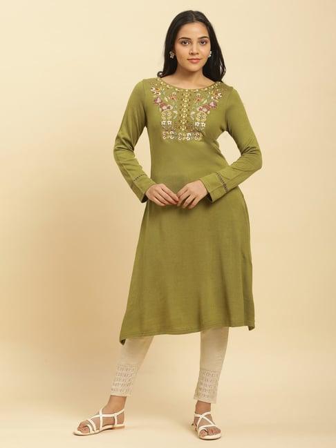 w green & beige embroidered kurta pant set