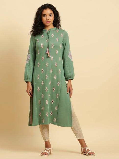 w green & beige printed kurta tight set