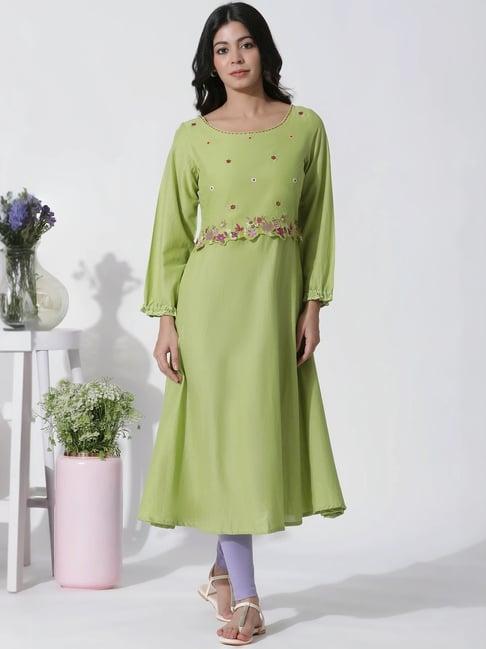 w green & grey cotton embroidered kurta leggings set