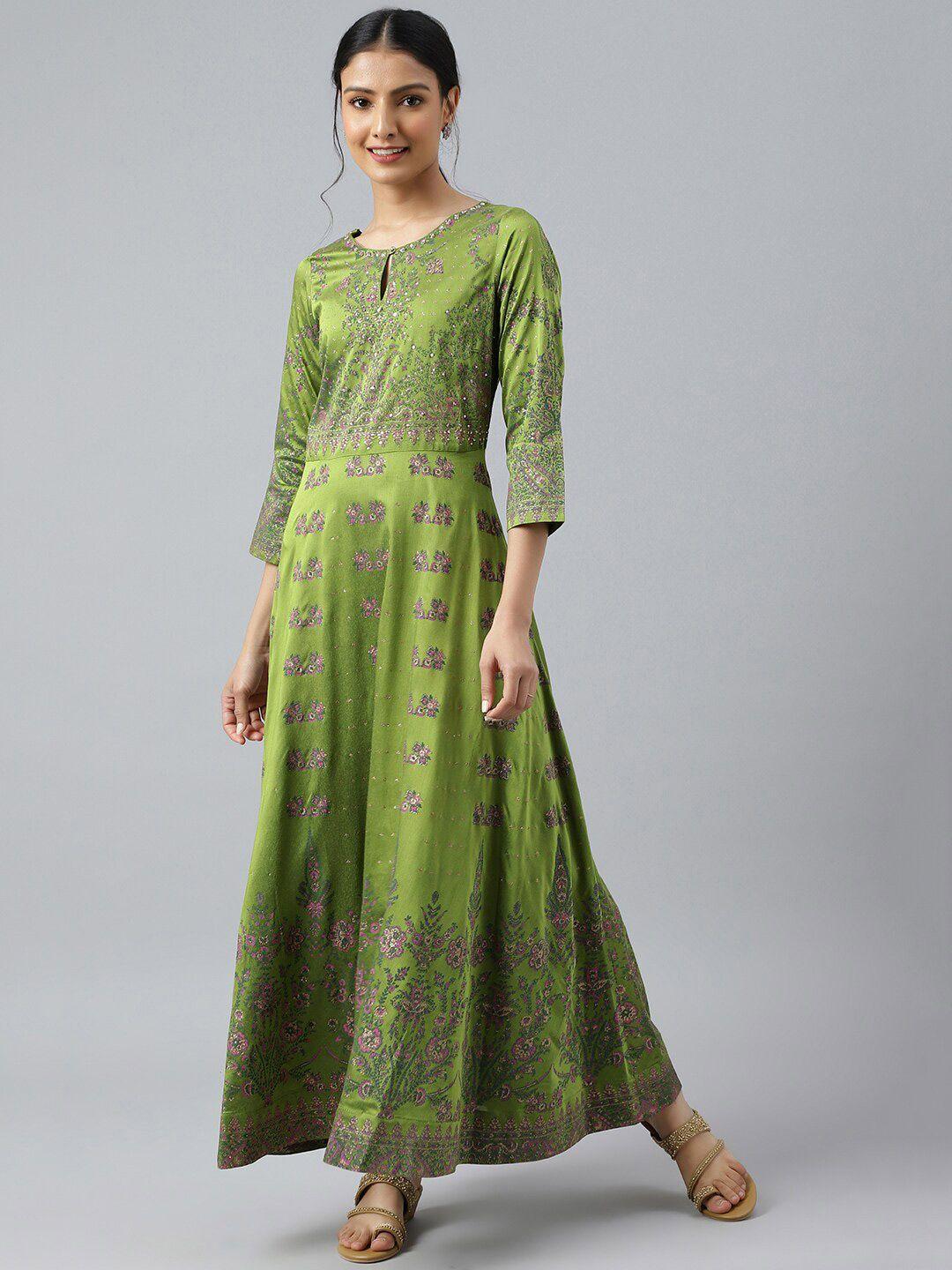 w green & pink floral keyhole neck ethnic maxi dress