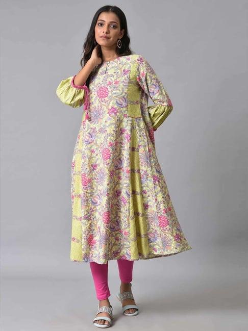 w green & pink printed kurta pant set