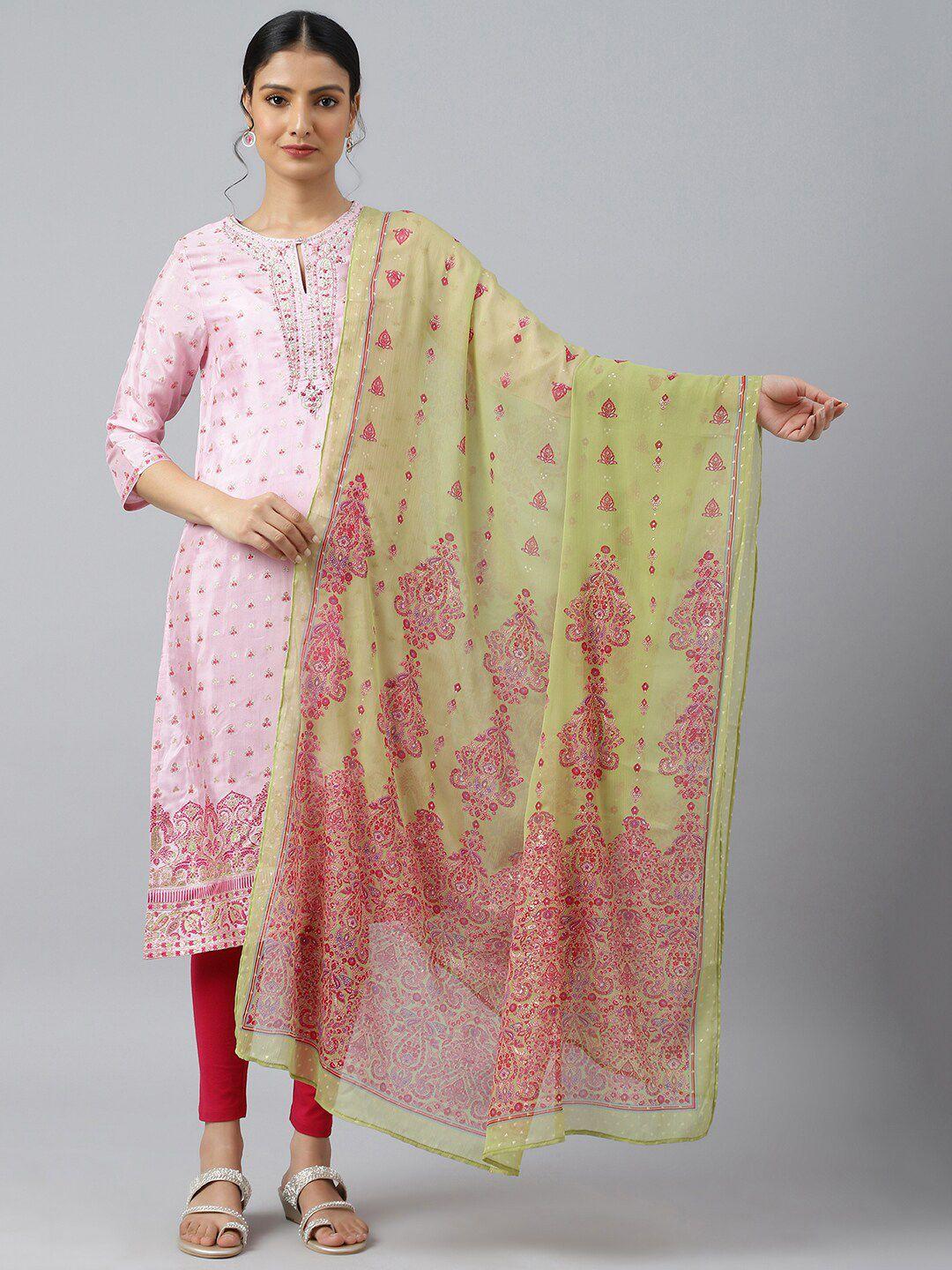 w green & red embroidered dupatta