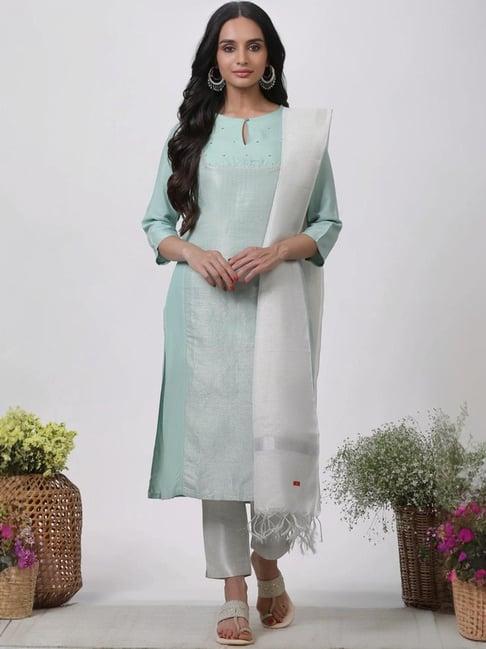 w green & silver cotton embellished kurta pant set with dupatta