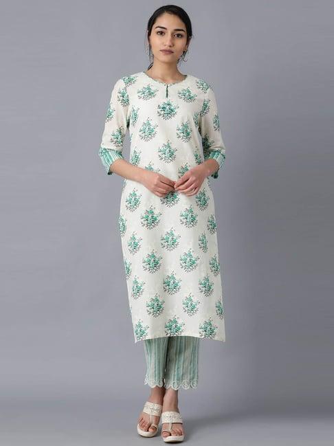 w green cotton floral print straight kurta