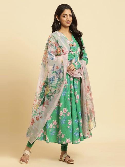 w green cotton printed kurta pant set with dupatta