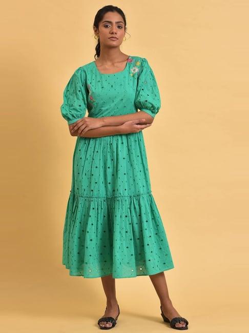 w green cotton self pattern a-line dress