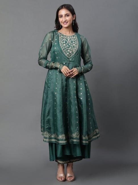 w green embroidered double layer kurta pant set