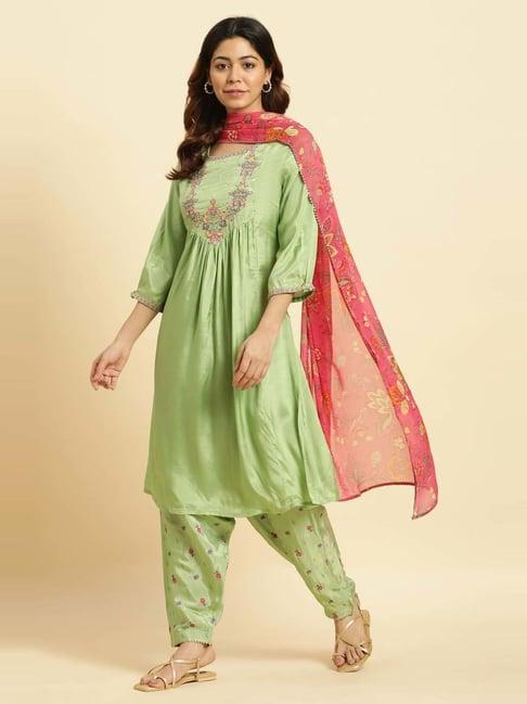 w green embroidered kurta salwar set with dupatta