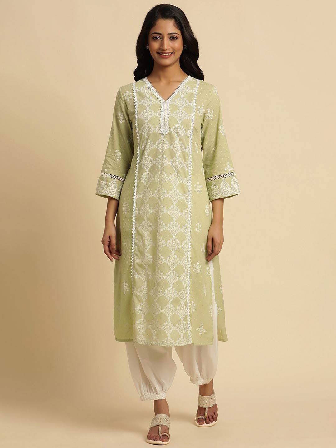 w green ethnic motifs embroidered pure cotton straight kurta