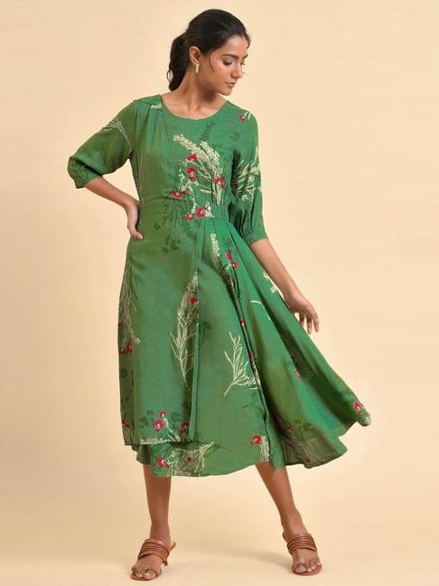 w green floral print a-line dress