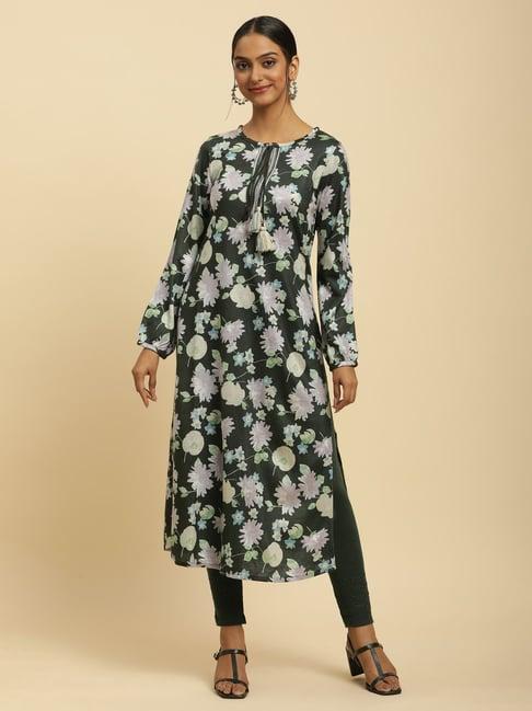 w green floral print straight kurta