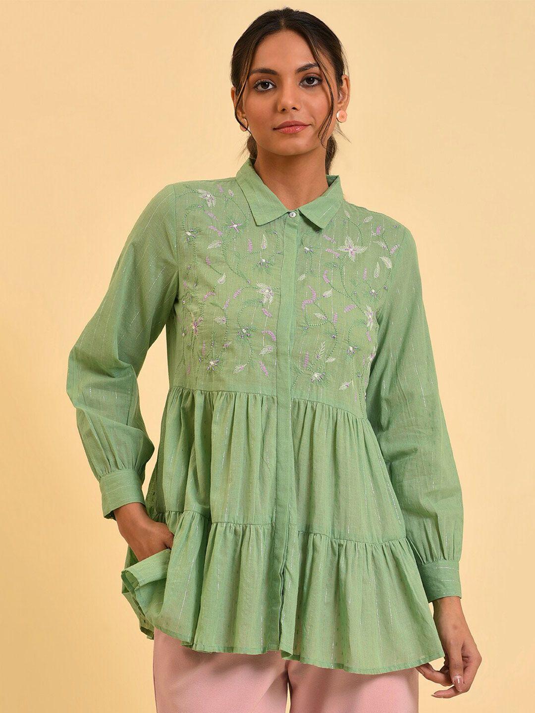 w green floral printed cotton shirt style top