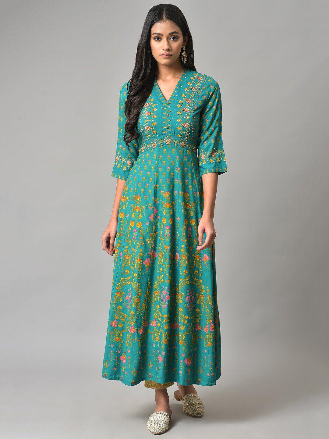 w green floral printed ethnic maxi dress