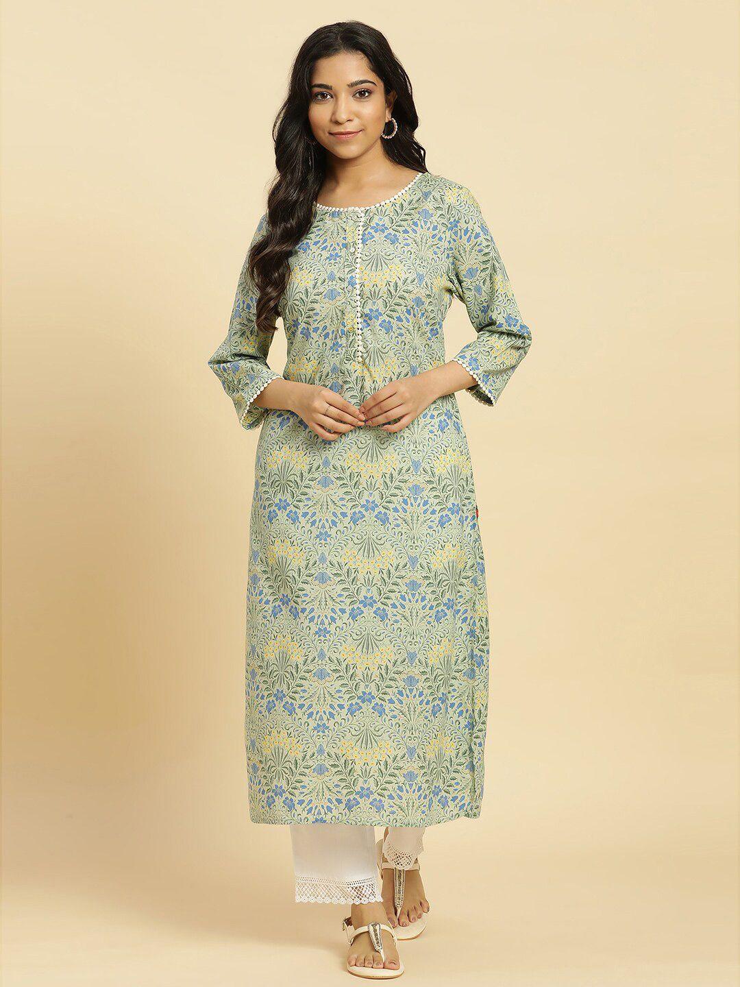 w green floral printed keyhole neck gotta patti cotton a-line kurta