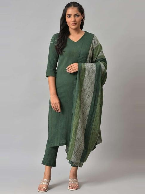 w green kurta pant set with dupatta