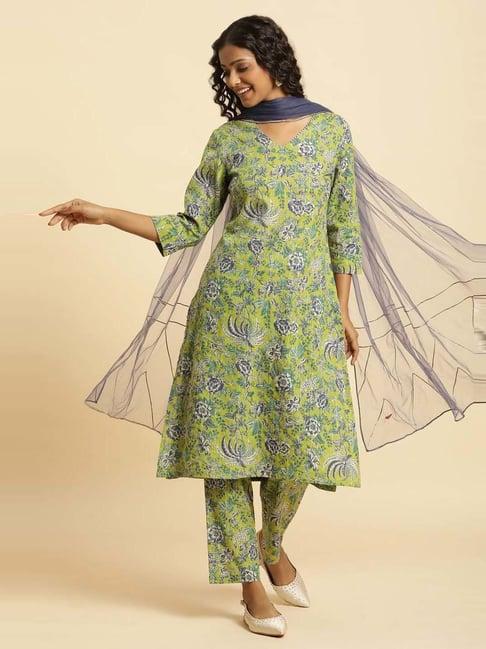 w green printed kurta pant set with dupatta