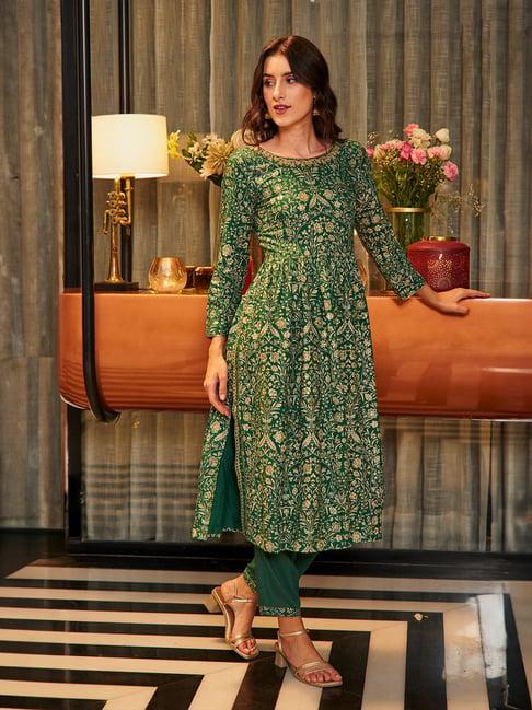 w green printed kurta pant set with dupatta