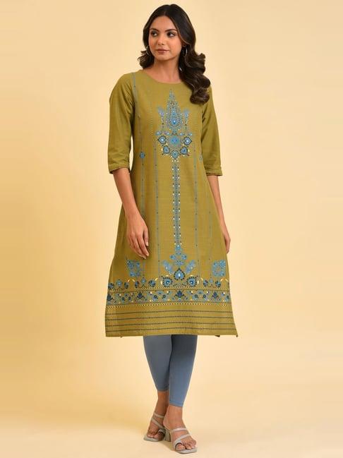 w green printed straight kurta