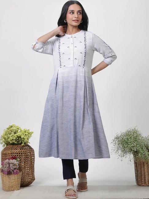 w grey & navy cotton embroidered kurta pant set