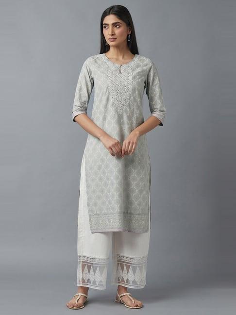 w grey & white cotton embroidered kurta palazzo set