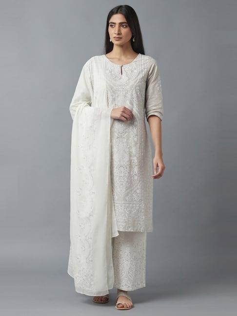 w grey cotton printed kurta palazzo set with dupatta