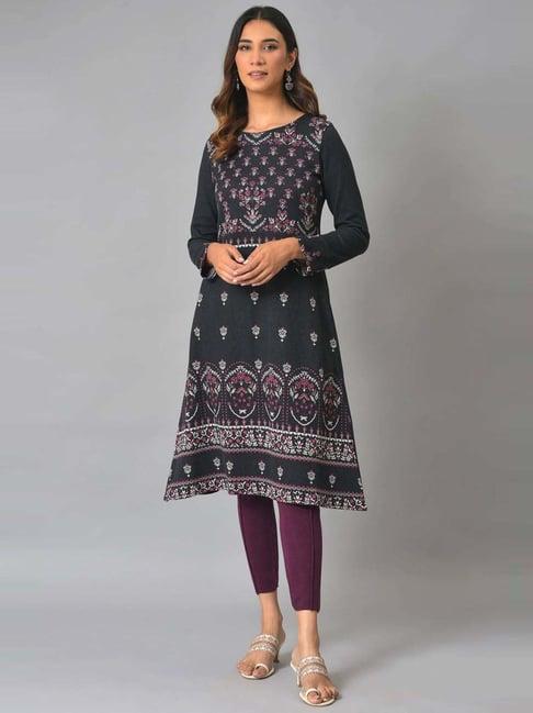 w grey floral print a line winter kurta