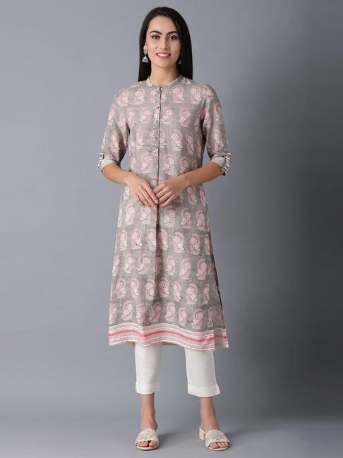 w grey floral print straight kurta