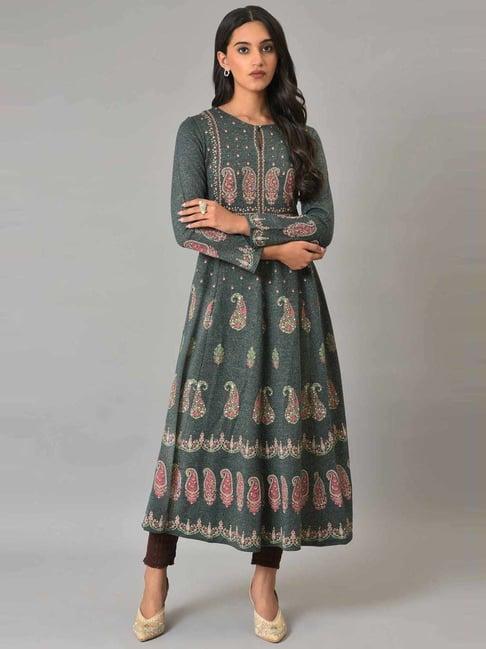 w grey paisley print a line winter kurta