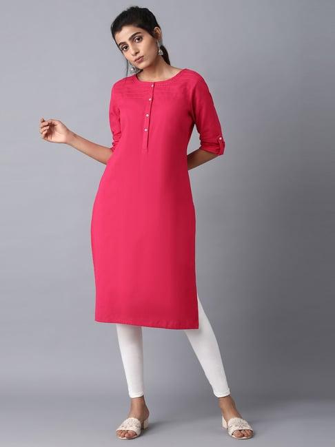 w hot pink cotton straight kurta