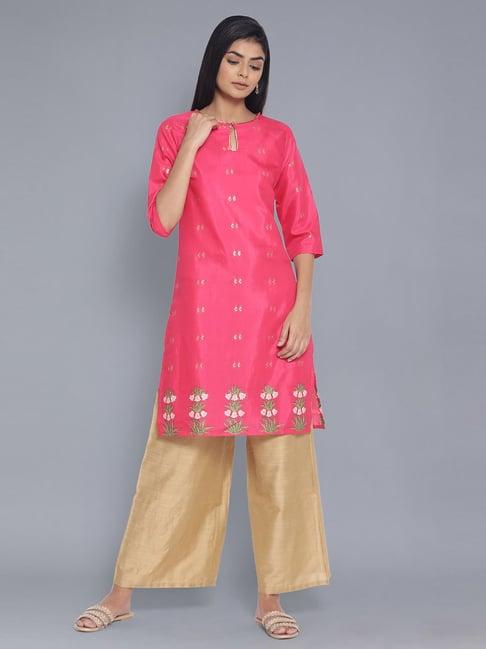w hot pink kurta with floral gold foil print