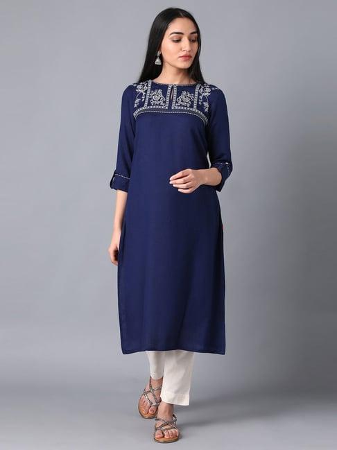 w indigo blue zari work straight kurta