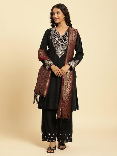 w jet black velvet embroidered kurta with pant & shawl