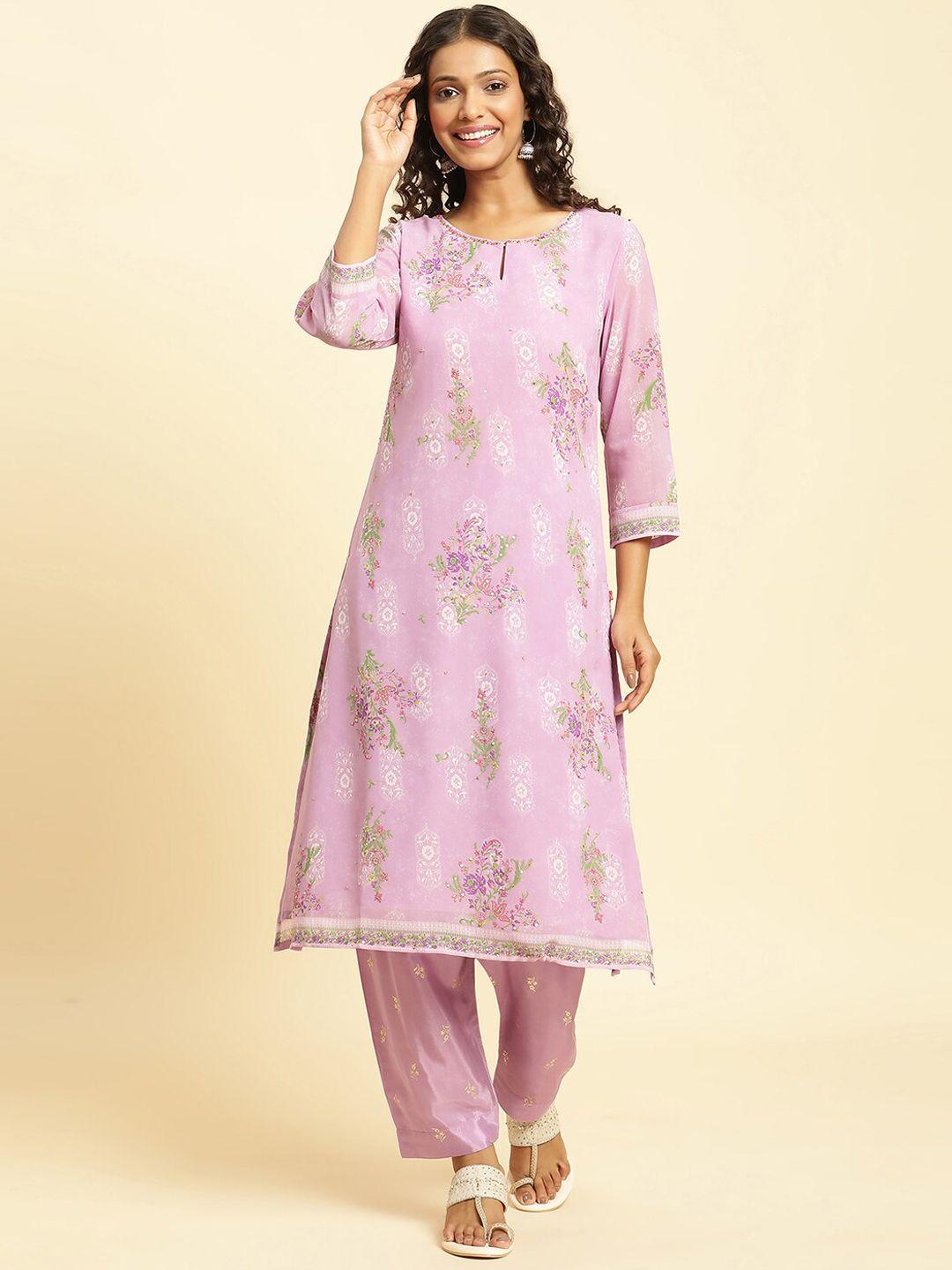 w lavender floral printed keyhole neck sequinned straight kurta