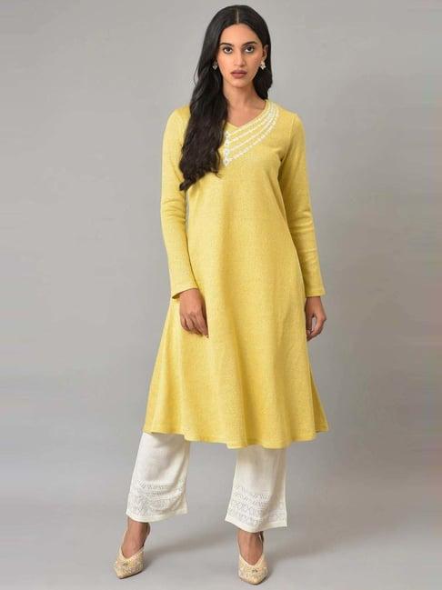 w lemon yellow floral print a line winter kurta