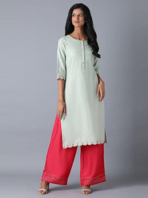 w light green embroidered a line kurta