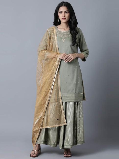 w light green kurta with cullotes & drape set