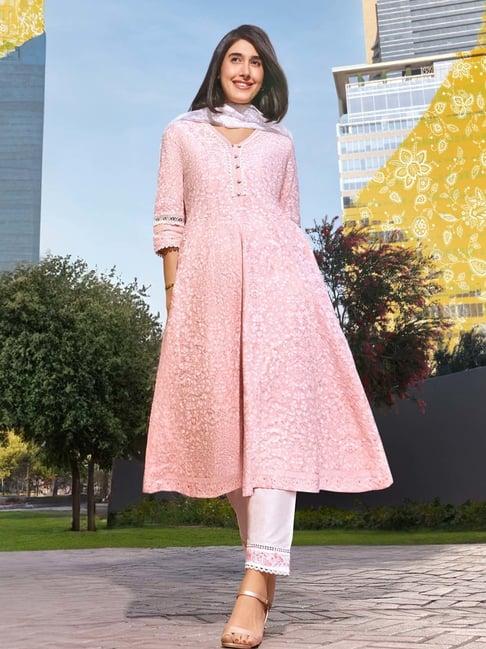 w light pink cotton floral print kurta with pant & dupatta
