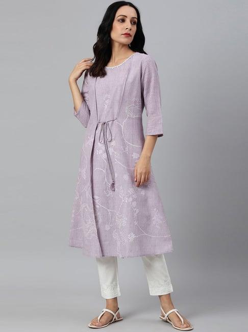 w lilac cotton floral print a line kurta