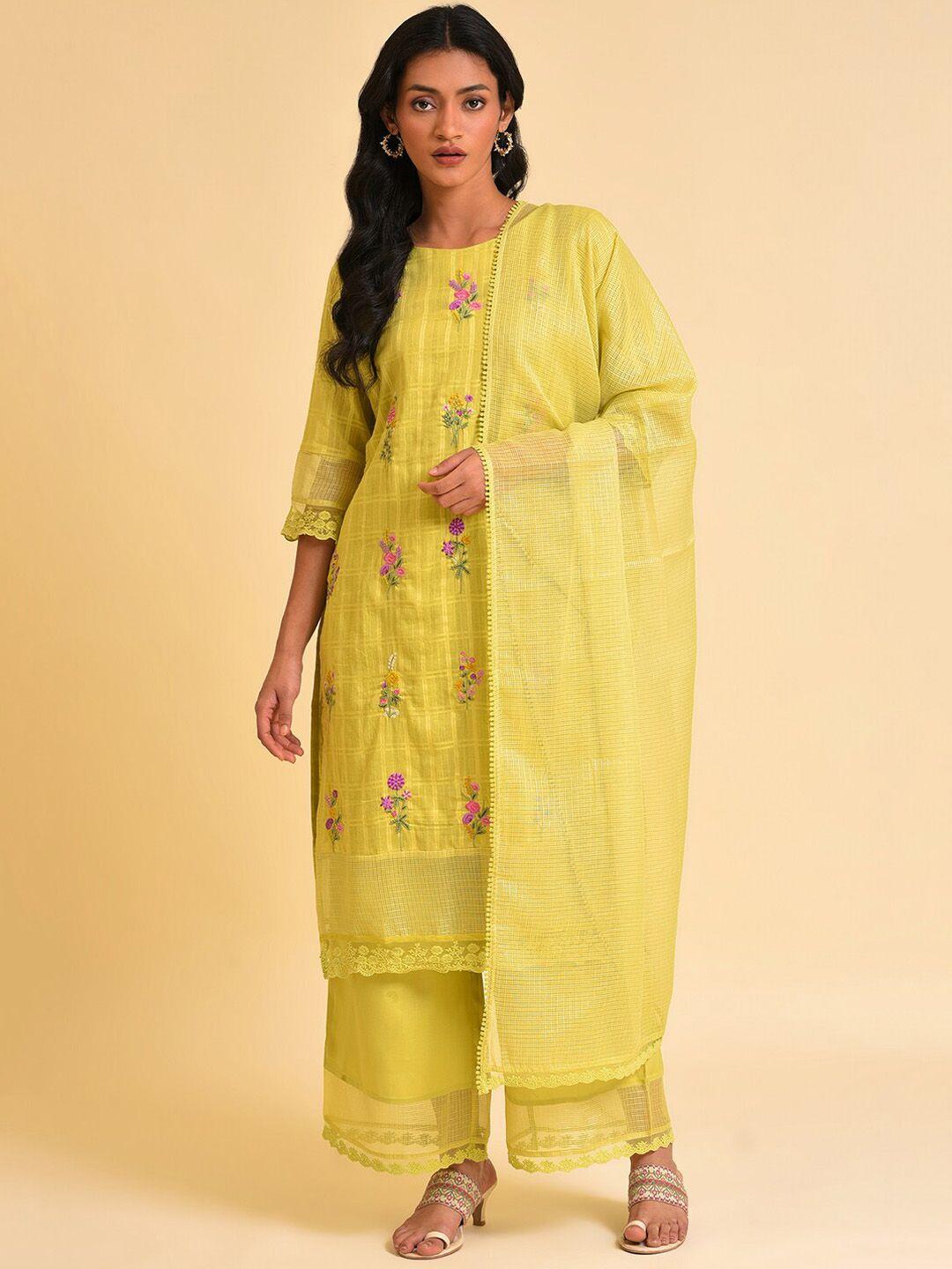 w lime green & pink floral embroidered pure cotton kurta with trousers & dupatta