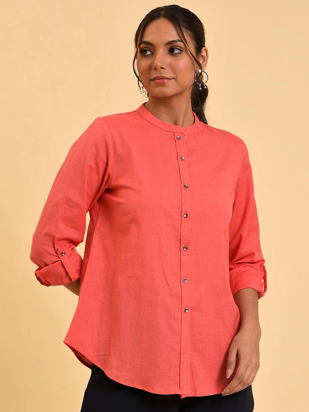 w mandarin collar roll-up sleeves cotton shirt style top