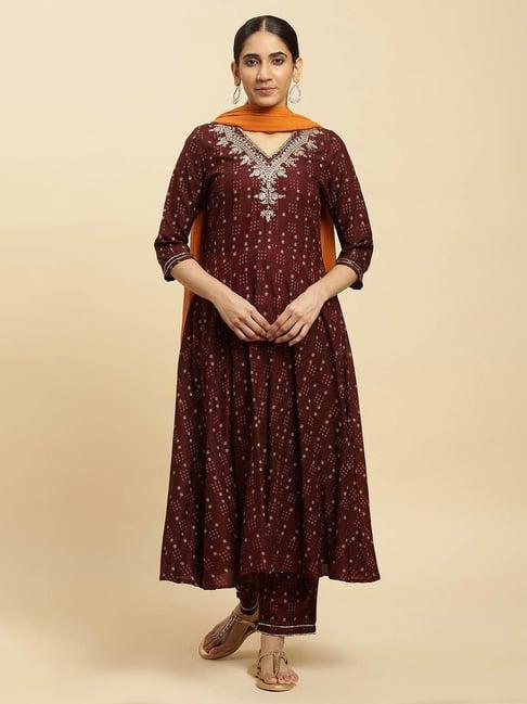 w maroon embroidered kurta with pant & dupatta